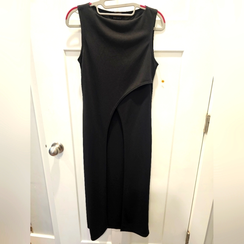 Sassy Black Sleeveless Asymmetrical Overlay Midi Dress Size M - Picture 1 of 8